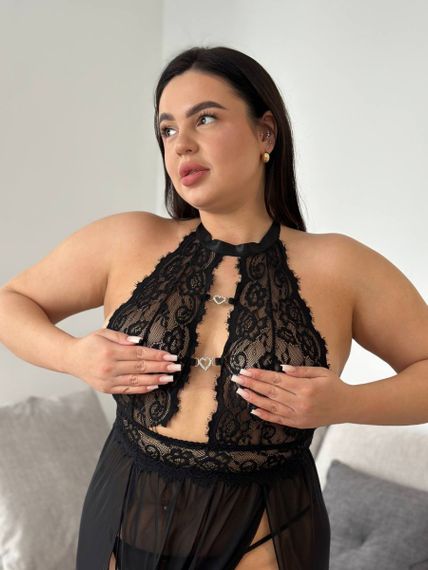 Еротичний чорний мереживний довгий пеньюар PLUS SIZE | Зображення 4