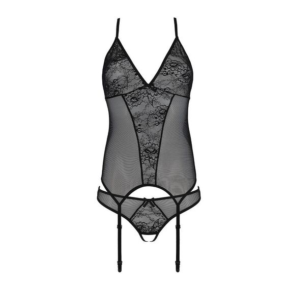 Корсет із пажами, трусики з ажурним декором та відкритим кроком Ursula Corset black L/XL — Passion | Зображення 3