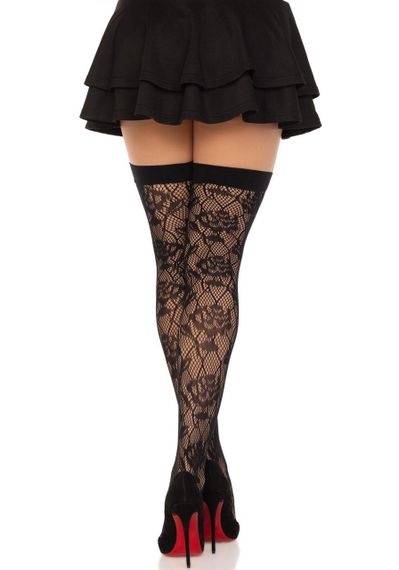 Панчохи Leg Avenue Wild rose net thigh highs, One Size, чорні, широка резинка, малюнок-троянди Sex Aura | Зображення 1