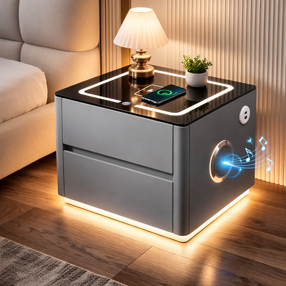 Умная прикроватная тумба QYJXF02 со встроенным кодовым сейфом, Bluetooth-колонкой и USB, сенсорная подсветка, экокожа, серая | Зображення 3