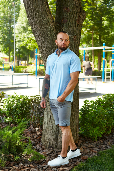 Рубашка лен короткий рукав голубой S XL