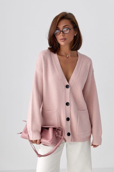 В'язаний кардиган із накладними кишенями - пудра цвет, ONE SIZE (є розміри) | Зображення 1
