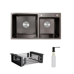 Комплект Lidz Handmade H7843 Мойка для кухни с двумя чашами интегрированная BlackPVD в комплекте с дозатором + Lidz K01B Корзина