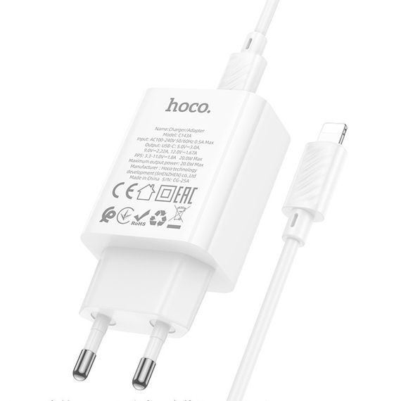 СЗУ Hoco C143A Benefit PD20W (1USB-C) + кабель Type-C to Lightning White | Зображення 6
