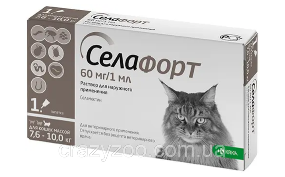 Капли против внешних и внутренних паразитов для котов KRKA Selafort от 7.6 до 10 кг 36934