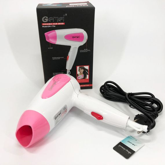Фен для волосся складаний дорожній Gemei GM-1756 1200 Вт, Домашній фен для укладання. Колір: рожевий