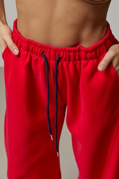 Однотонні спортивні штани із затяжками - червоний цвет, ONE SIZE (є розміри) | Зображення 3