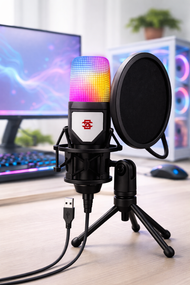 Ігровий мікрофон для ПК та приставки з RGB підсвіткою / Мікрофон конденсаторний з поп-фільтром на підставці для блогерів