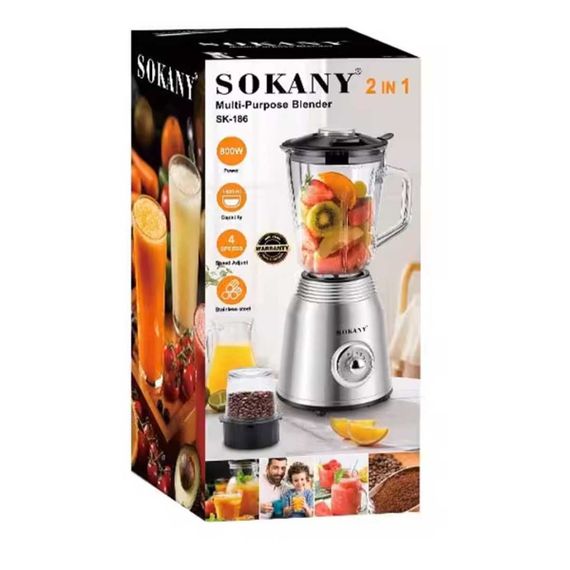 Блендер со стеклянной чашей 1.5 литра для коктейлей и смузи портативный 4 режима скорости 800 Вт Sokany SK186SS | Зображення 3