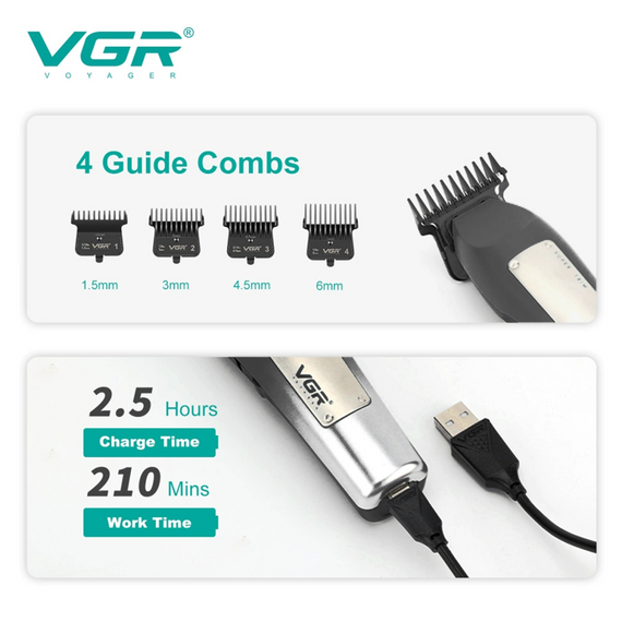 Машинка-триммер аккумуляторная для стрижки волос VGR V-939 4 насадками с LED-дисплеем и уходом за бородой Черный | Зображення 5