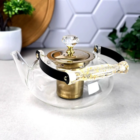 Стильный стеклянный чайник Oolong GK-5813 1 л с золотистыми элементами и удобным заварочным фільтром Прозрачный | Зображення 3