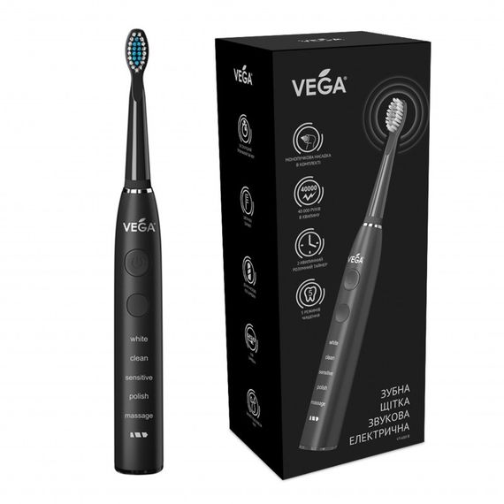 Електрична звукова зубна щітка Vega VT-600 B (чорна), 5 режимів чищення