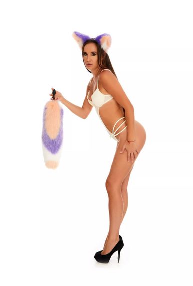 Анальний хутряний хвіст без пробки, Триколірний: Персиковий, фіолетовий, білий з персиковим кінчиком, OKOVA 50 см. sexstyle | Зображення 5