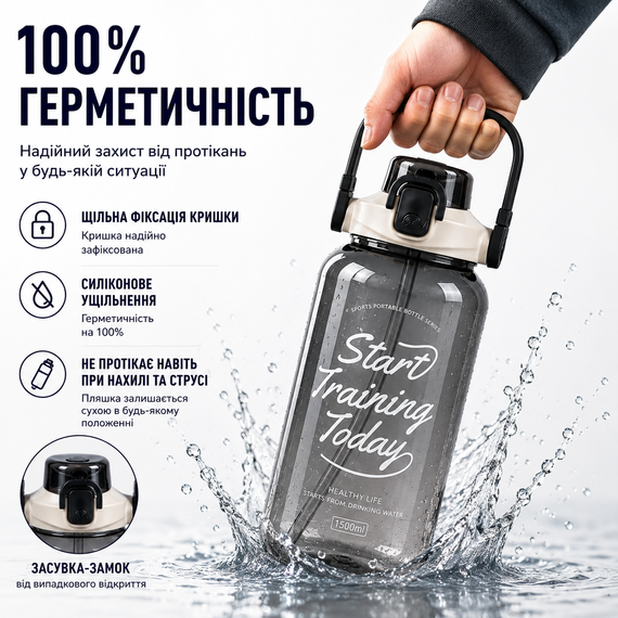Спортивная бутылка для воды 1500 мл (1.5 л) с трубочкой и ремешком, Градиент Черный | Зображення 5