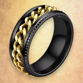 Стильна чорна каблучка з нержавіючої сталі з обертовими золотистими ланцюжками 22