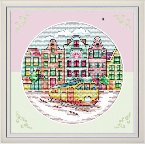 Набор для вышивания крестиком по нанесённой на канву схеме "Cityscape - Streetcar".AIDA 14CT printed, 19*19 см