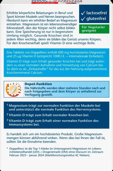 Витамины Doppelherz Магний 600 мг. + D3 25 мкг. для сердечно-сосудистой, нервной систем, иммунитета, Германия | Зображення 3