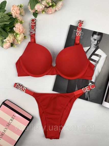 Комплект червоної жіночої нижньої білизни Victoria's Secret Модель Букви Стрази Вікторія Сікрет | Зображення 2