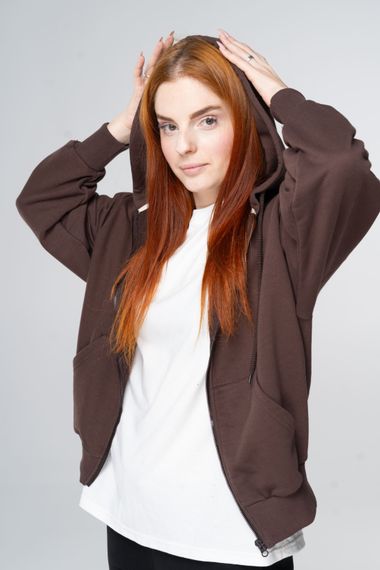 Худі на блискавці жіноче коричневого кольору, 3XL