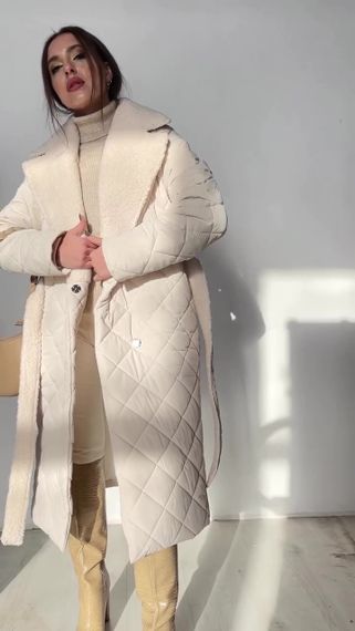 Стеганное пальто с меховым воротником, 90 см, (утеплено до -20'С) XS, Молочный | Зображення 1