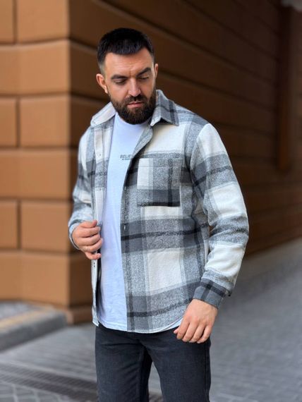 Теплая мужская байковая рубашка в клетку на пуговицах размер L цвет серый Vi1048/1 | Зображення 6