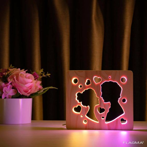 Светильник ночник ArtEco Light из дерева LED "Поцелуй" с пультом и регулировкой цвета...