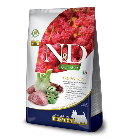 Сухой корм с ягненком для собак малых пород Farmina N&D Quinoa Dog Digestion Lamb & Fennel Adult Mini, 2.5 кг