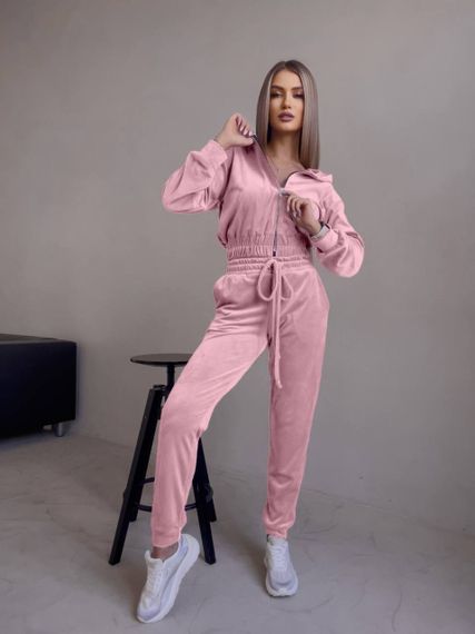 Женский спортивный велюровый костюм с укороченной кофтой LM10364 цвет персиковый, размер 42/44 | Зображення 1