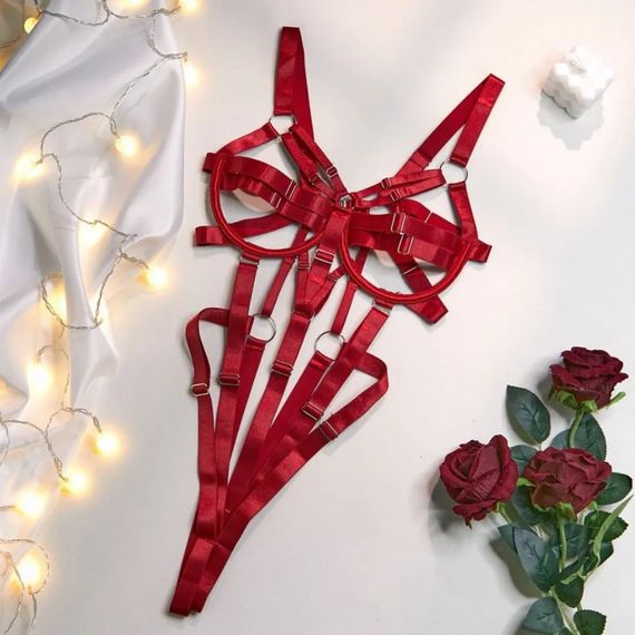 Еротичне відкрите боді з ременями "Aisha", red S Sex Aura
