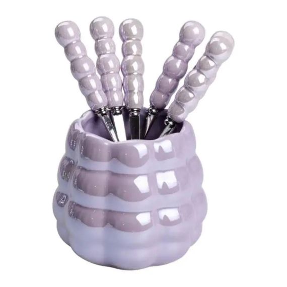 Набор десертных вилок и ложек на 3 персоны с подставкой из фарфора 7 предметов Фиолетовый HP-20-59 | Зображення 2