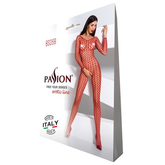 Бодістокінг Passion BS068 red, комбінезон, велика сітка, довгий рукав | Зображення 4