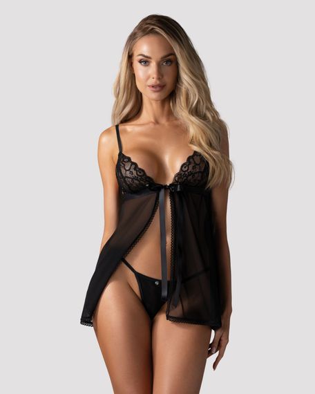 Рубашка беби-долл Obsessive Blomentis babydoll & thong, XS/S, кружевной лиф, стринги в комплекте, Черный, XL/2XL | Зображення 5