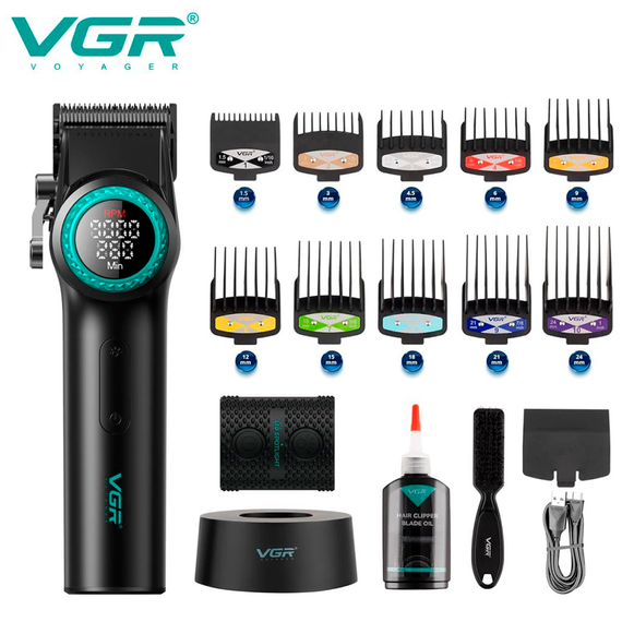 Акумуляторна машинка для стрижки VGR V-001, 10 насадок, 9000 RPM, АКБ 4600 mAh, LED дисплей