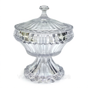 Цукерниця скляна кругла на ніжці, прозоре скло, діаметр 17 см, висота 27 см, висота ніжки 10 см HP-19-140RB
