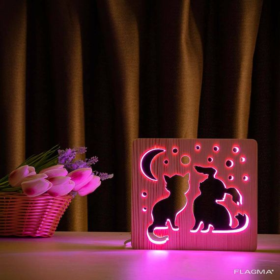 Светильник ночник ArtEco Light из дерева LED "Кот и собачка" с пультом и регулировкой... | Зображення 9