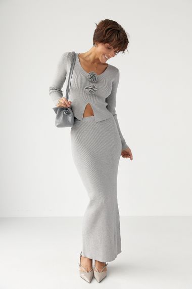 Приталений костюм в рубчик з кофти та спідниці - сірий цвет, ONE SIZE (є розміри)