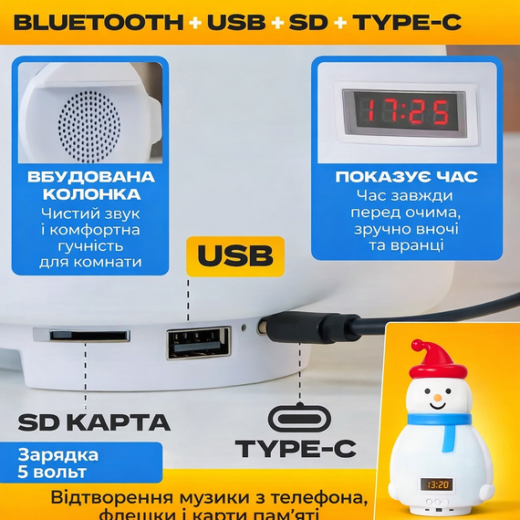 Дитячий акумуляторний нічник-Сніговик з RGB-підсвіткою, Bluetooth-колонкою та функцією годинника | Зображення 1