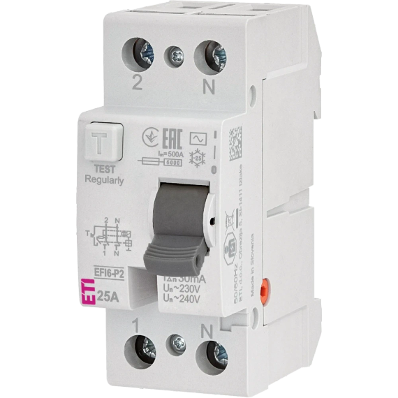 ЕТІ 2р EFI6-P2 25/0,03 тип AC (6kA) Реле диференційне (ПЗВ) - Модульне обладнання