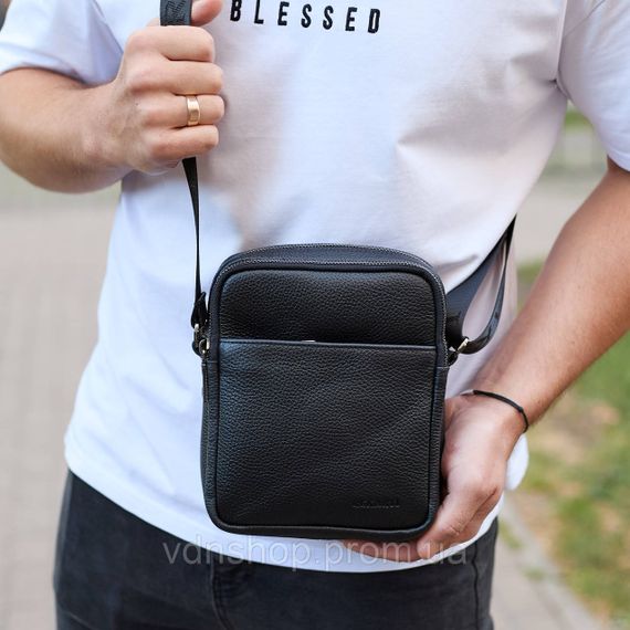 Чоловіча барсетка через плече, зернистая кожа 20х16х6, месенджер для міста, сумка для телефону та документів, чорна | Зображення 1