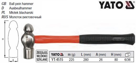 Молоток рихтувальний YATO : m=225 г, l=280 мм, 80 x 26 мм [6/36] YT-4515
