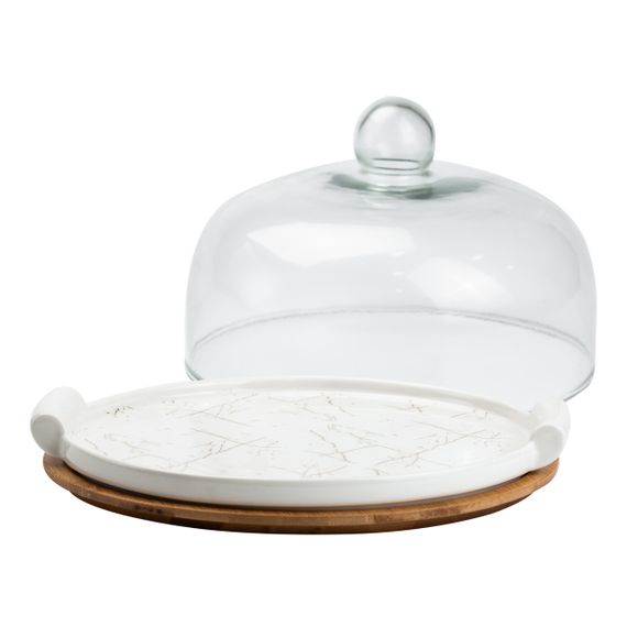 Фарфоровая тортовница со стеклянной крышкой на бамбуковой подставке HP1203 | Зображення 1