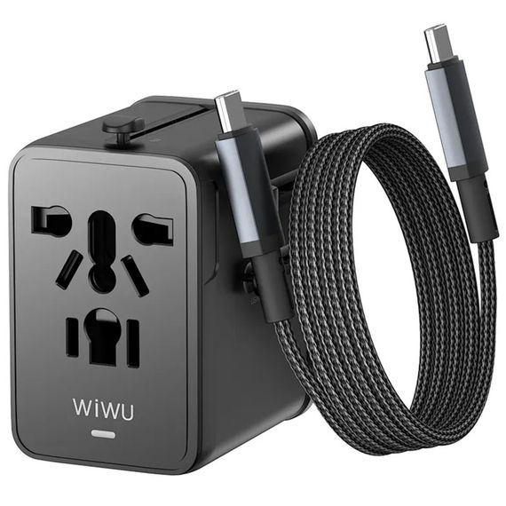 Мережевий універсальний перехідник WIWU UA013 20W GaN + 1USB-A/2C with retractable cable Type-C Black | Зображення 1