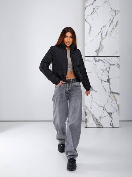 Женская короткая легкая весення куртка на молнии без капюшона  CU377 цвет черный, размер 42/44 | Зображення 3