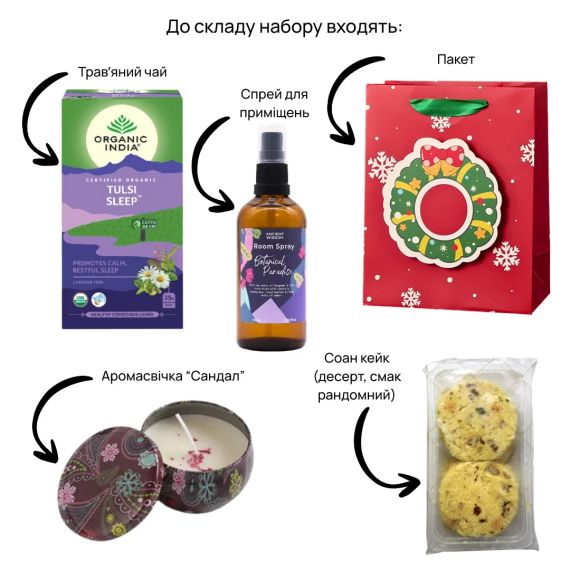 Подарунковий набір  Травʼяний чай 1 шт. + Десерт Соан кейк 1 уп. + Міні аромасвічка 1 шт. + Спрей для приміщень №5 ZEN Gifts | Зображення 1