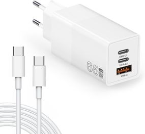Зарядний пристрій USB C потужністю 65 Вт, 3 порти PD3.0 GaN, швидке заряджання Type C, подавання живлення з кабелем
