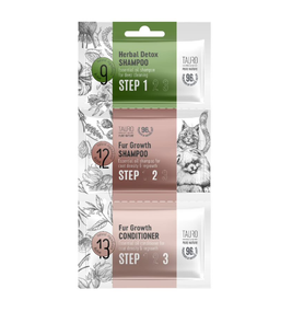 Tauro Pro Line Pure Nature Herbal Detox + Fur Growth sample set 1 x 6 ml, 1 x 8 ml, 1 x 4 ml, dog and cat coat shampoo and conditioner sample set