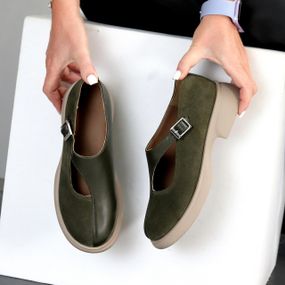 Дизайнерські туфлі оливкові натуральна шкіра + замша низький хід