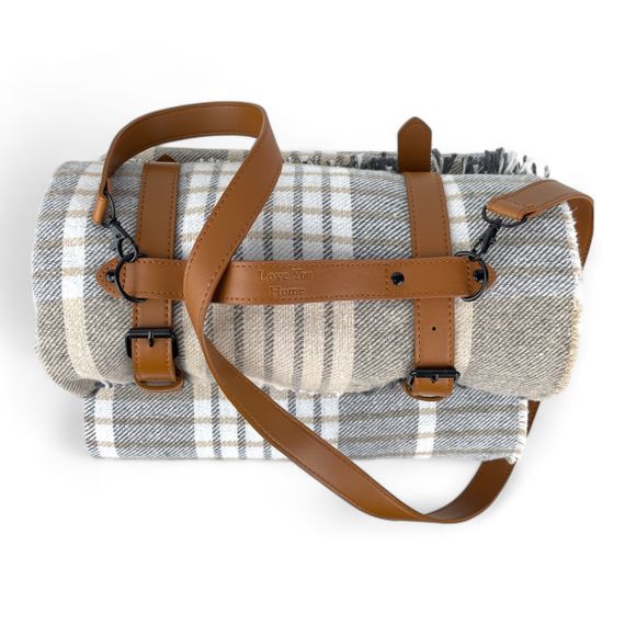 Плед тревел бавовняний карта бежевий з ременем Love You | Зображення 1