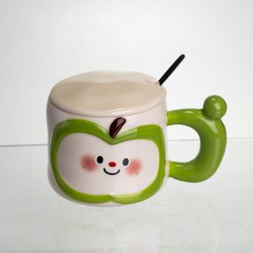 Чашка фарфоровая 400 (мл) с крышкой и ложкой, оригинальная кружка на подарок чашка для детей Зеленый FM-25A