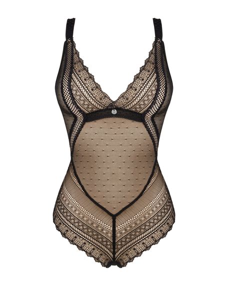 Мереживне боді з декольте Obsessive Estiqua teddy M/L, чорне, широкі лямки | Зображення 4